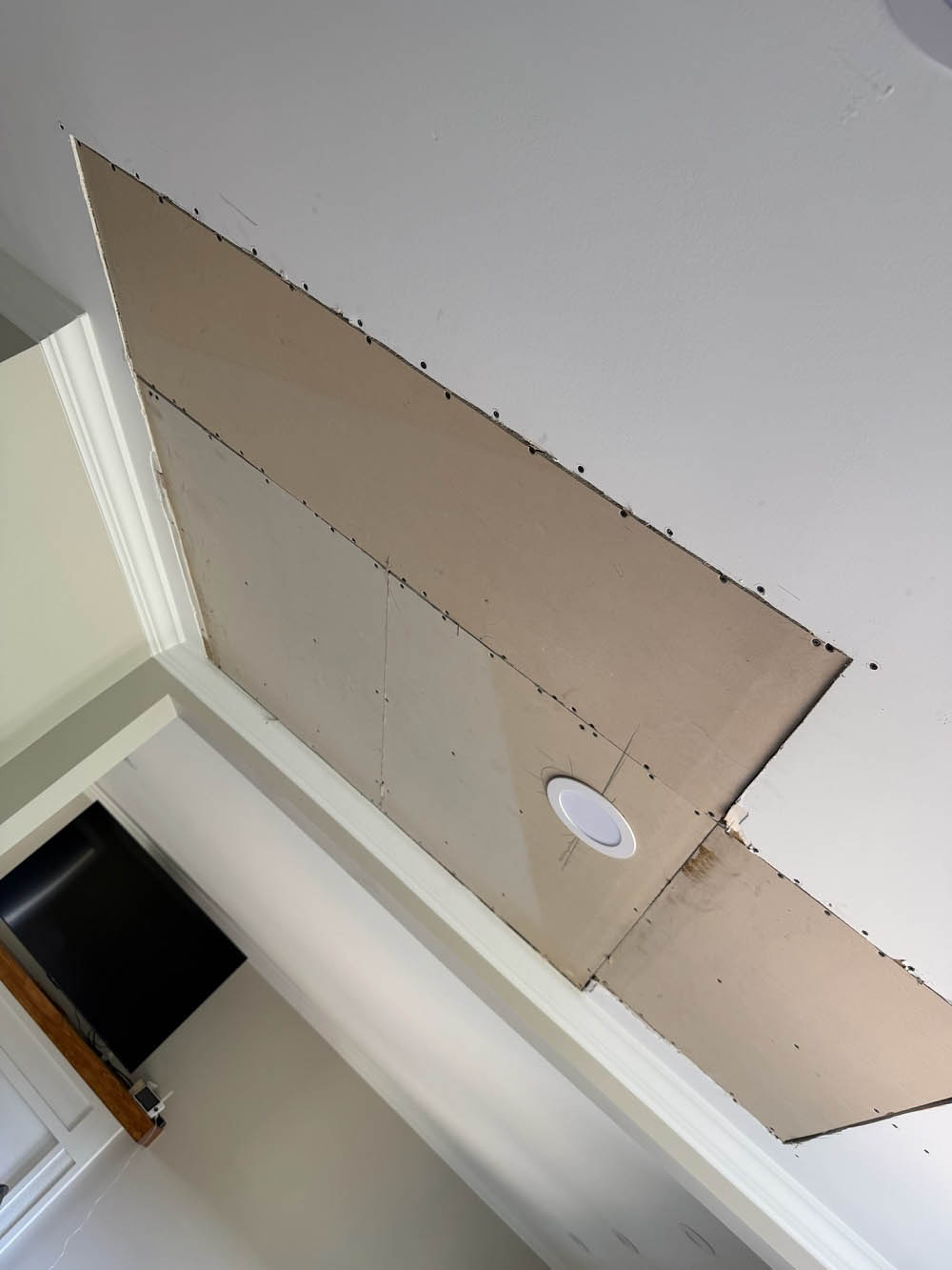 Client-hung ceiling drywall cutout following upstairs shower leak repair in Raleigh NC